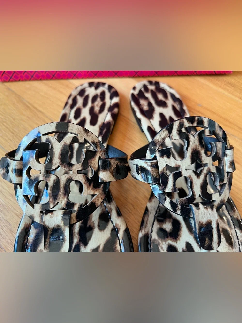Tory Burch Tan & Black Natural Leopard Printed Patent Leather Miller Sandals